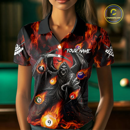 Orange Flaming Grim Reaper Billiard Shirt For Women Custom Fire Pool Team Jersey Polo & Quarter Zip TDM6077