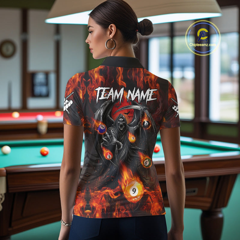 Orange Flaming Grim Reaper Billiard Shirt For Women Custom Fire Pool Team Jersey Polo & Quarter Zip TDM6077