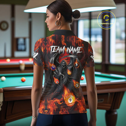 Orange Flaming Grim Reaper Billiard Shirt For Women Custom Fire Pool Team Jersey Polo & Quarter Zip TDM6077