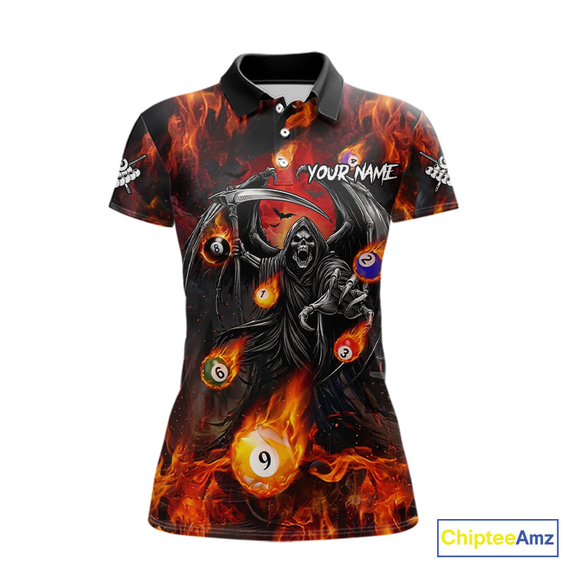 Orange Flaming Grim Reaper Billiard Shirt For Women Custom Fire Pool Team Jersey Polo & Quarter Zip TDM6077