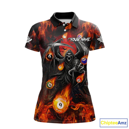 Orange Flaming Grim Reaper Billiard Shirt For Women Custom Fire Pool Team Jersey Polo & Quarter Zip TDM6077