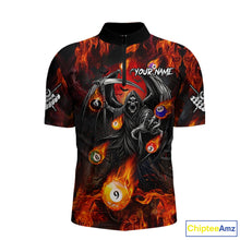 Load image into Gallery viewer, Orange Flaming Grim Reaper Billiard Shirt For Men Custom Fire Pool Team Jersey Polo &amp; Quarter Zip TDM6077