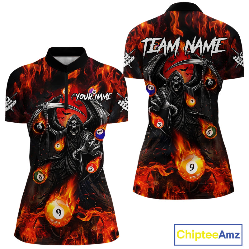 Orange Flaming Grim Reaper Billiard Shirt For Women Custom Fire Pool Team Jersey Polo & Quarter Zip TDM6077