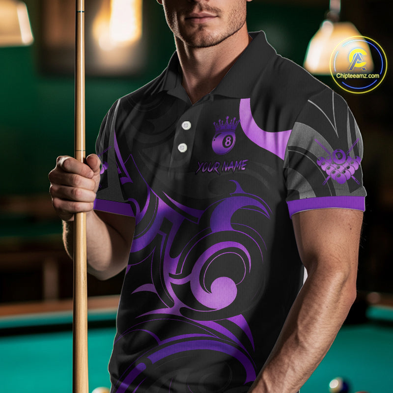 Black And Purple 8 Ball Crown Tribal Billiard Shirt For Men Custom Pool Team Jersey Polo & 1/4 Zip TDM5733