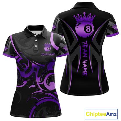 Black And Purple 8 Ball Crown Tribal Billiard Shirt For Women Custom Pool Team Jersey Polo & 1/4 Zip TDM5733