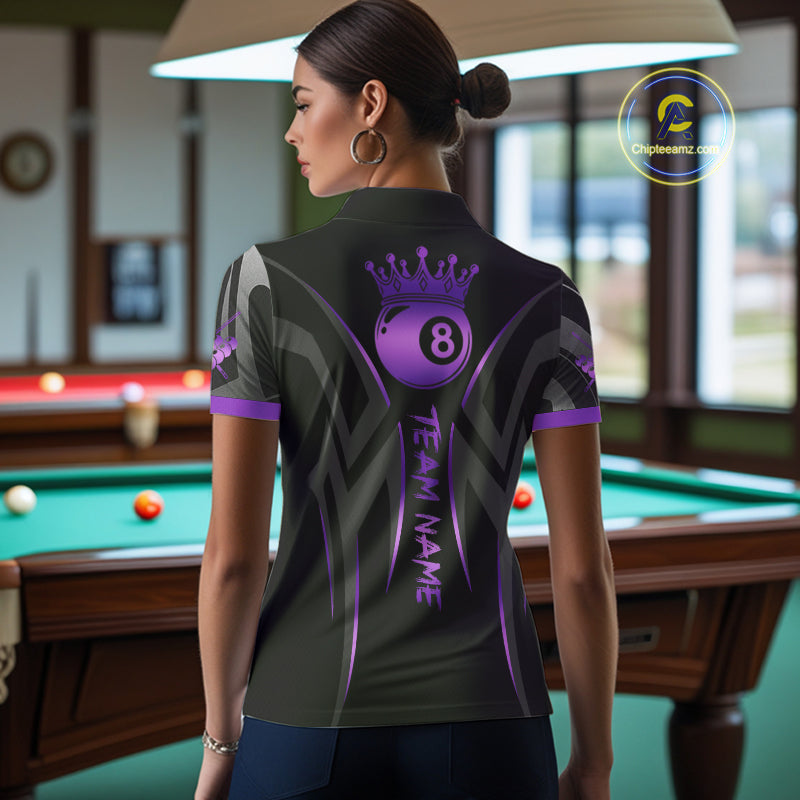 Black And Purple 8 Ball Crown Tribal Billiard Shirt For Women Custom Pool Team Jersey Polo & 1/4 Zip TDM5733