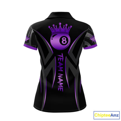 Black And Purple 8 Ball Crown Tribal Billiard Shirt For Women Custom Pool Team Jersey Polo & 1/4 Zip TDM5733
