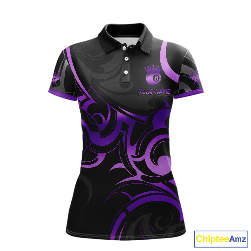 Black And Purple 8 Ball Crown Tribal Billiard Shirt For Women Custom Pool Team Jersey Polo & 1/4 Zip TDM5733