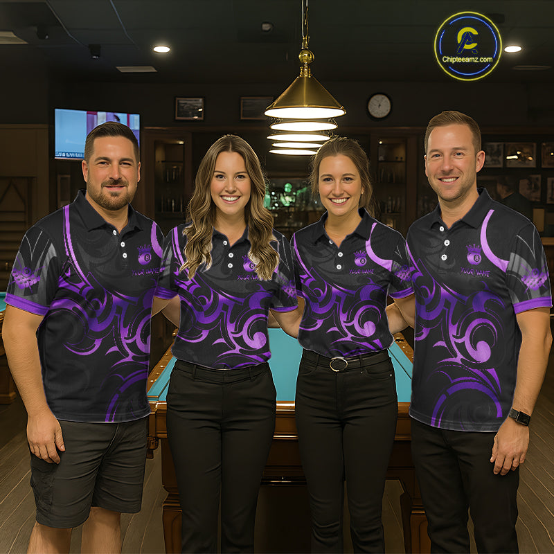Black And Purple 8 Ball Crown Tribal Billiard Shirt For Men Custom Pool Team Jersey Polo & 1/4 Zip TDM5733