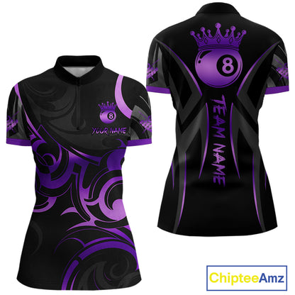 Black And Purple 8 Ball Crown Tribal Billiard Shirt For Women Custom Pool Team Jersey Polo & 1/4 Zip TDM5733