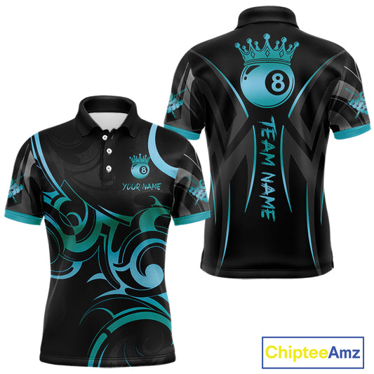 Black & Turquoise 8 Ball Crown Tribal Billiard Shirt For Men Custom Pool Team Jersey Polo, 1/4 Zip TDM5734