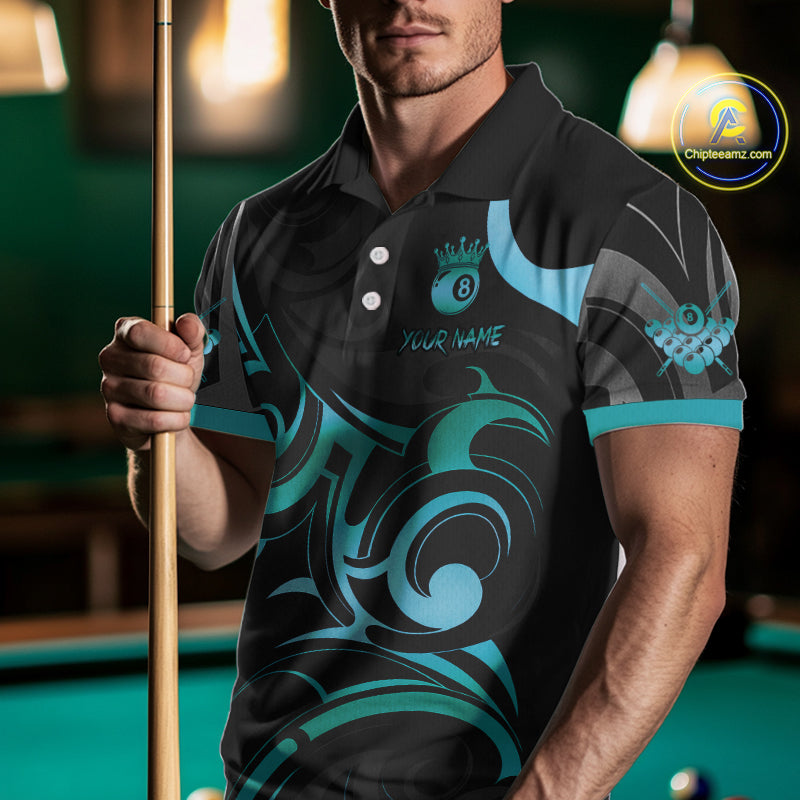 Black & Turquoise 8 Ball Crown Tribal Billiard Shirt For Men Custom Pool Team Jersey Polo, 1/4 Zip TDM5734