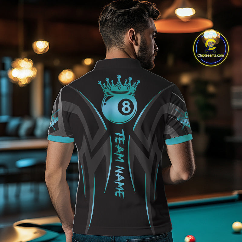 Black & Turquoise 8 Ball Crown Tribal Billiard Shirt For Men Custom Pool Team Jersey Polo, 1/4 Zip TDM5734