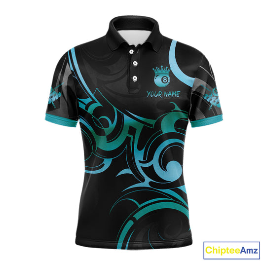Black & Turquoise 8 Ball Crown Tribal Billiard Shirt For Men Custom Pool Team Jersey Polo, 1/4 Zip TDM5734