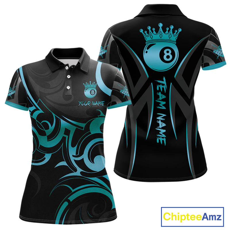 Black & Turquoise 8 Ball Crown Tribal Billiard Shirt For Women Custom Pool Team Jersey Polo, 1/4 Zip TDM5734