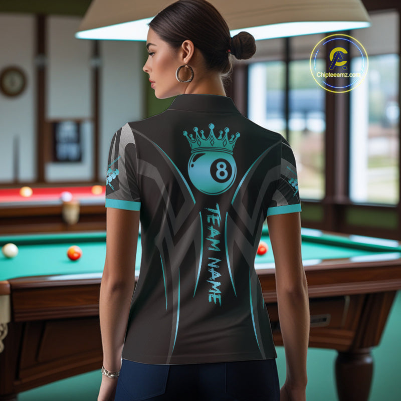 Black & Turquoise 8 Ball Crown Tribal Billiard Shirt For Women Custom Pool Team Jersey Polo, 1/4 Zip TDM5734