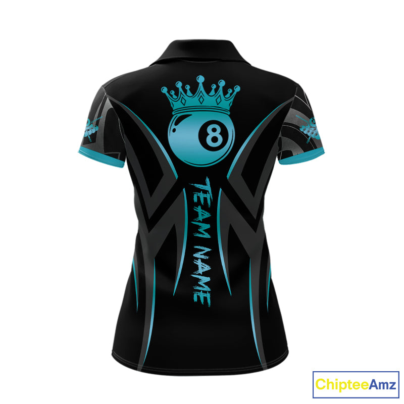 Black & Turquoise 8 Ball Crown Tribal Billiard Shirt For Women Custom Pool Team Jersey Polo, 1/4 Zip TDM5734