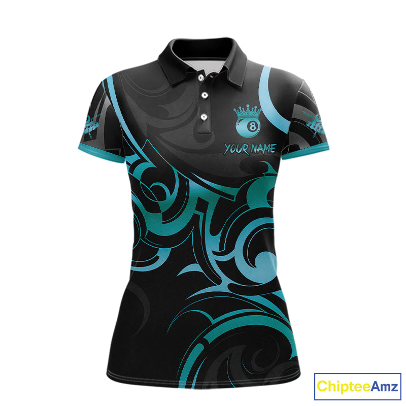 Black & Turquoise 8 Ball Crown Tribal Billiard Shirt For Women Custom Pool Team Jersey Polo, 1/4 Zip TDM5734