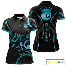 Load image into Gallery viewer, Black &amp; Turquoise 8 Ball Crown Tribal Billiard Shirt For Women Custom Pool Team Jersey Polo, 1/4 Zip TDM5734