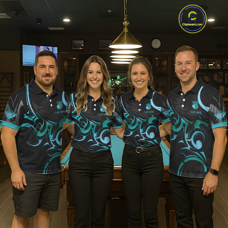 Black & Turquoise 8 Ball Crown Tribal Billiard Shirt For Women Custom Pool Team Jersey Polo, 1/4 Zip TDM5734
