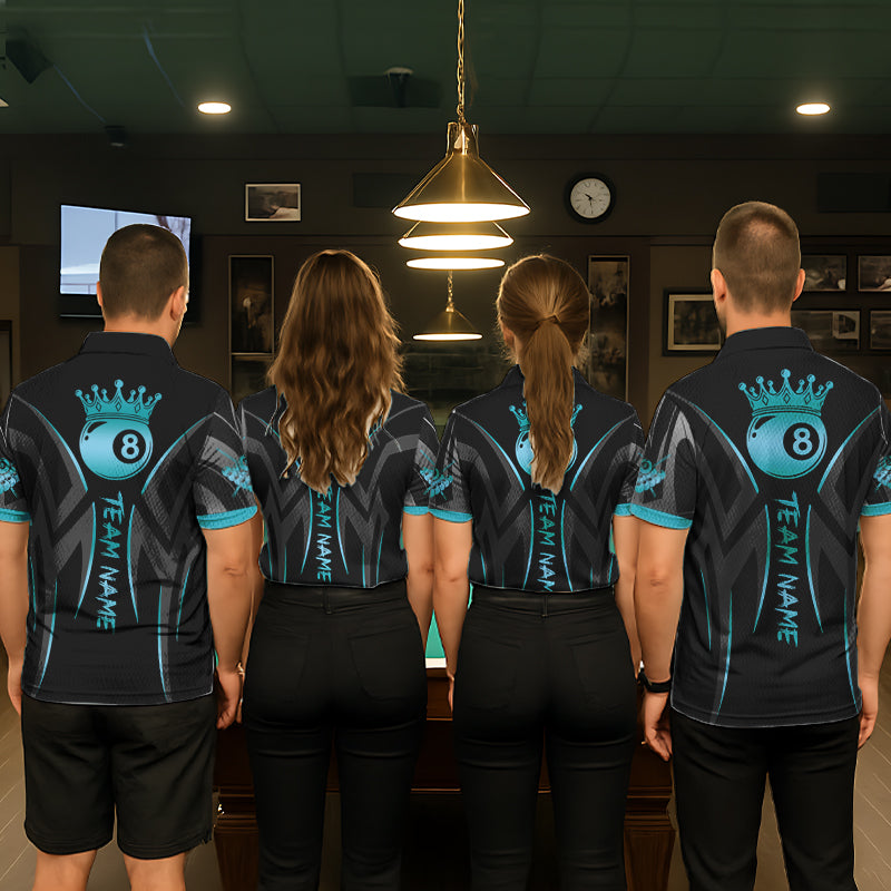 Black & Turquoise 8 Ball Crown Tribal Billiard Shirt For Women Custom Pool Team Jersey Polo, 1/4 Zip TDM5734