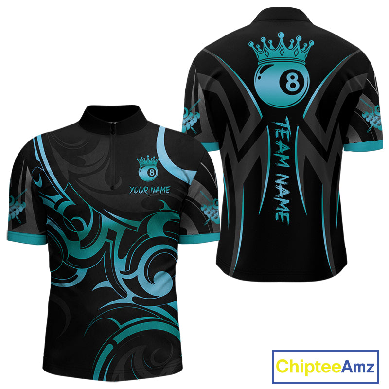 Black & Turquoise 8 Ball Crown Tribal Billiard Shirt For Men Custom Pool Team Jersey Polo, 1/4 Zip TDM5734