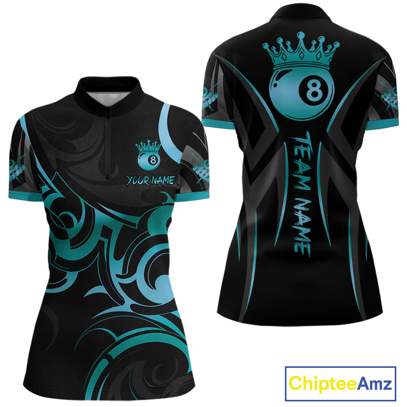 Black & Turquoise 8 Ball Crown Tribal Billiard Shirt For Women Custom Pool Team Jersey Polo, 1/4 Zip TDM5734