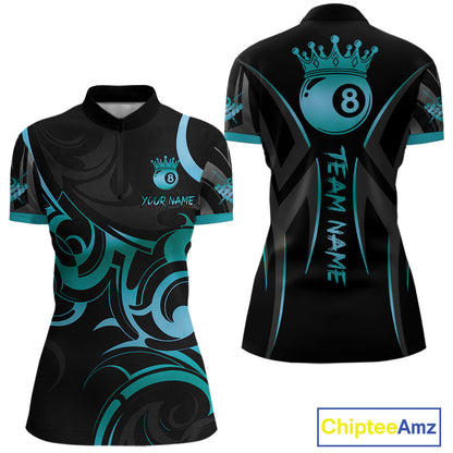 Black & Turquoise 8 Ball Crown Tribal Billiard Shirt For Women Custom Pool Team Jersey Polo, 1/4 Zip TDM5734
