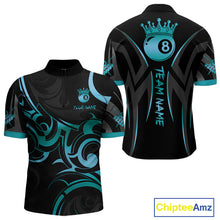 Load image into Gallery viewer, Black &amp; Turquoise 8 Ball Crown Tribal Billiard Shirt For Men Custom Pool Team Jersey Polo, 1/4 Zip TDM5734