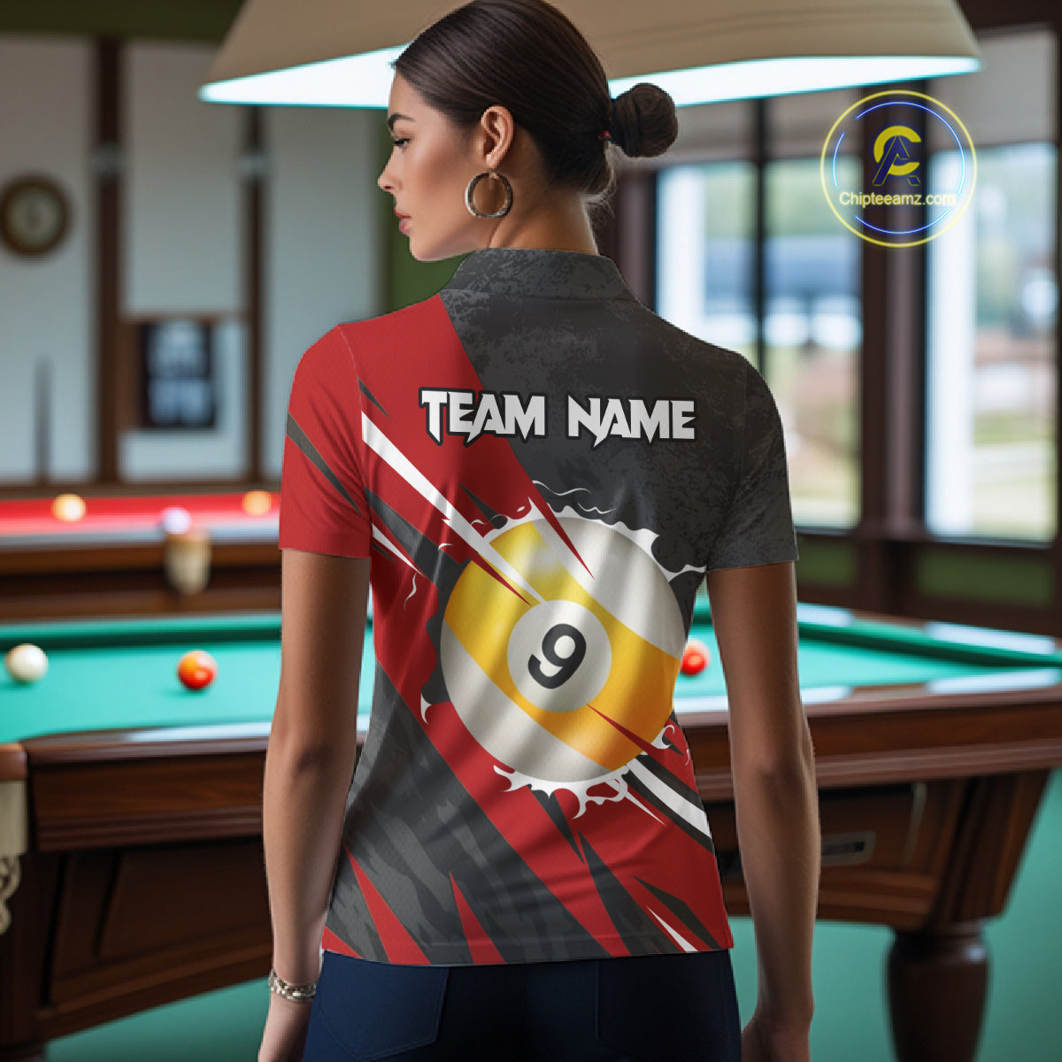 Black And Red 8 Ball & 9 Ball Billiard Shirt For Women Custom Pool Jersey, Billiard Team Shirts TDM5019