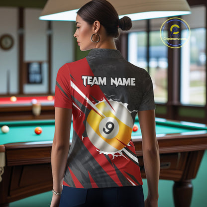 Black And Red 8 Ball & 9 Ball Billiard Shirt For Women Custom Pool Jersey, Billiard Team Shirts TDM5019