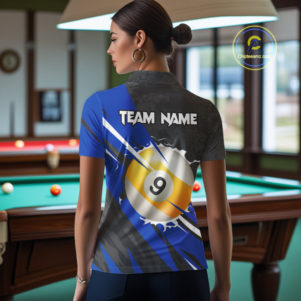 Black And Blue 8 Ball & 9 Ball Billiard Shirt For Women Custom Pool Jersey, Billiard Team Shirts TDM5020