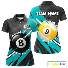 Load image into Gallery viewer, Black And Turquoise 8 Ball &amp; 9 Ball Billiard Shirt For Women Custom Pool Jersey, Billiard Team Shirt TDM5021