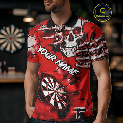 Personalized Red Grunge Skull Darts Shirt For Men Custom Darts Team Jersey Polo & Quarter Zip TDM5028