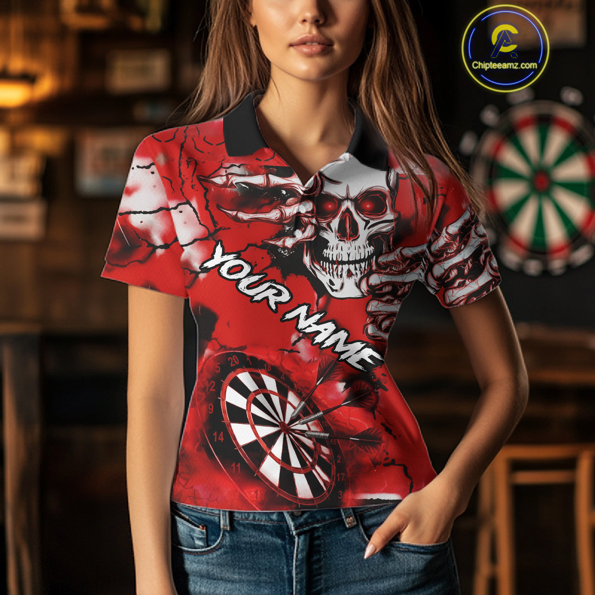 Personalized Red Grunge Skull Darts Shirt For Women Custom Darts Team Jersey Polo & Quarter Zip TDM5028