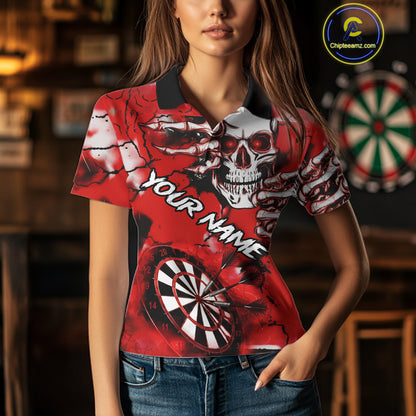 Personalized Red Grunge Skull Darts Shirt For Women Custom Darts Team Jersey Polo & Quarter Zip TDM5028