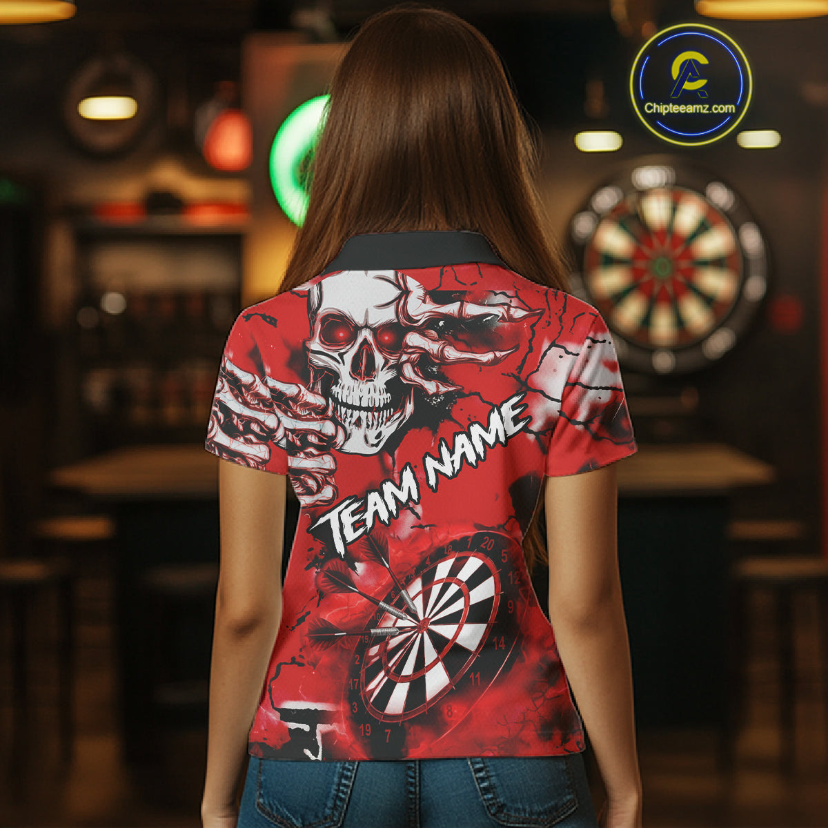Personalized Red Grunge Skull Darts Shirt For Women Custom Darts Team Jersey Polo & Quarter Zip TDM5028