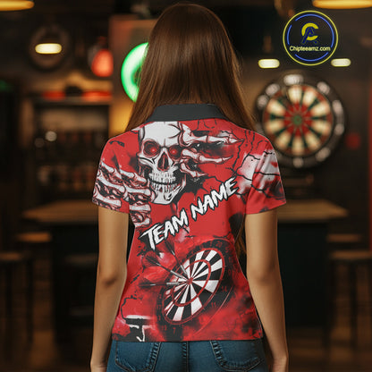 Personalized Red Grunge Skull Darts Shirt For Women Custom Darts Team Jersey Polo & Quarter Zip TDM5028