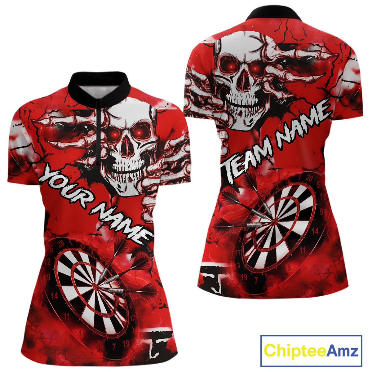 Personalized Red Grunge Skull Darts Shirt For Women Custom Darts Team Jersey Polo & Quarter Zip TDM5028