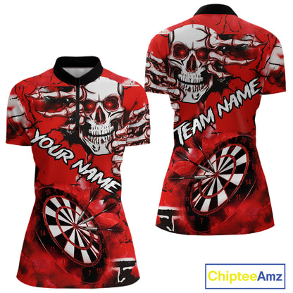 Personalized Red Grunge Skull Darts Shirt For Women Custom Darts Team Jersey Polo & Quarter Zip TDM5028