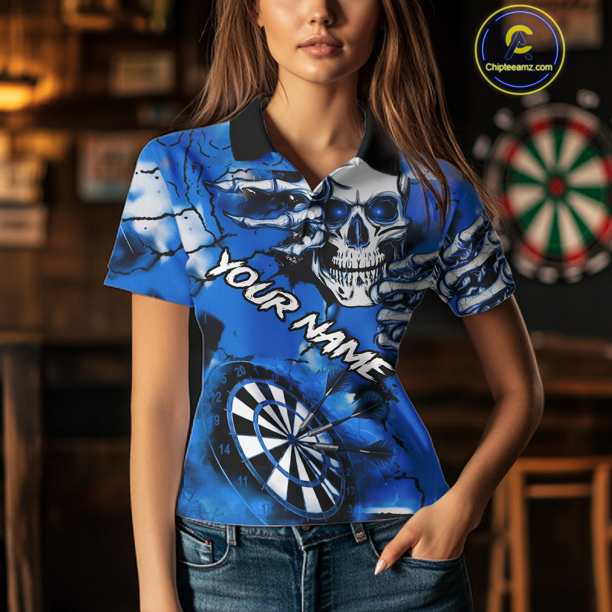 Personalized Blue Grunge Skull Darts Shirt For Women Custom Darts Team Jersey Polo & Quarter Zip TDM5029
