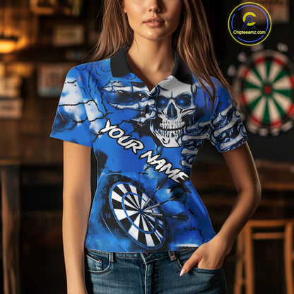 Personalized Blue Grunge Skull Darts Shirt For Women Custom Darts Team Jersey Polo & Quarter Zip TDM5029