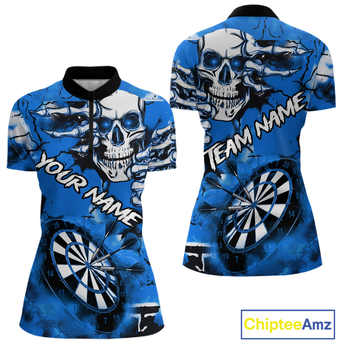 Personalized Blue Grunge Skull Darts Shirt For Women Custom Darts Team Jersey Polo & Quarter Zip TDM5029