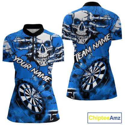 Personalized Blue Grunge Skull Darts Shirt For Women Custom Darts Team Jersey Polo & Quarter Zip TDM5029