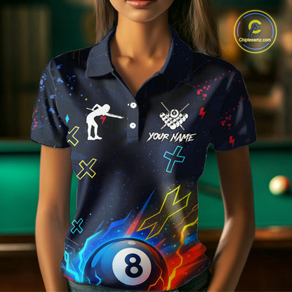 Funny Neon 8 Ball Billiard Shirt For Women Custom Navy Blue Pool Team Shirt Polo & 1/4 Zip TDM5491