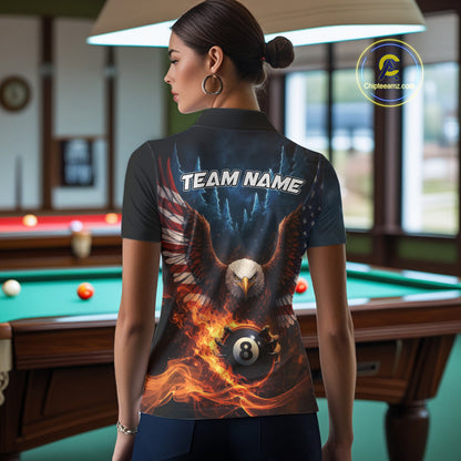 American Flag Eagle 8 Ball Flame Billiard Shirt For Women Custom Patriotic Pool Jersey Polo, 1/4 Zip TDM5754
