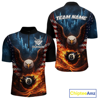 American Flag Eagle 8 Ball Flame Billiard Shirt For Men Custom Patriotic Pool Jersey Polo, 1/4 Zip TDM5754