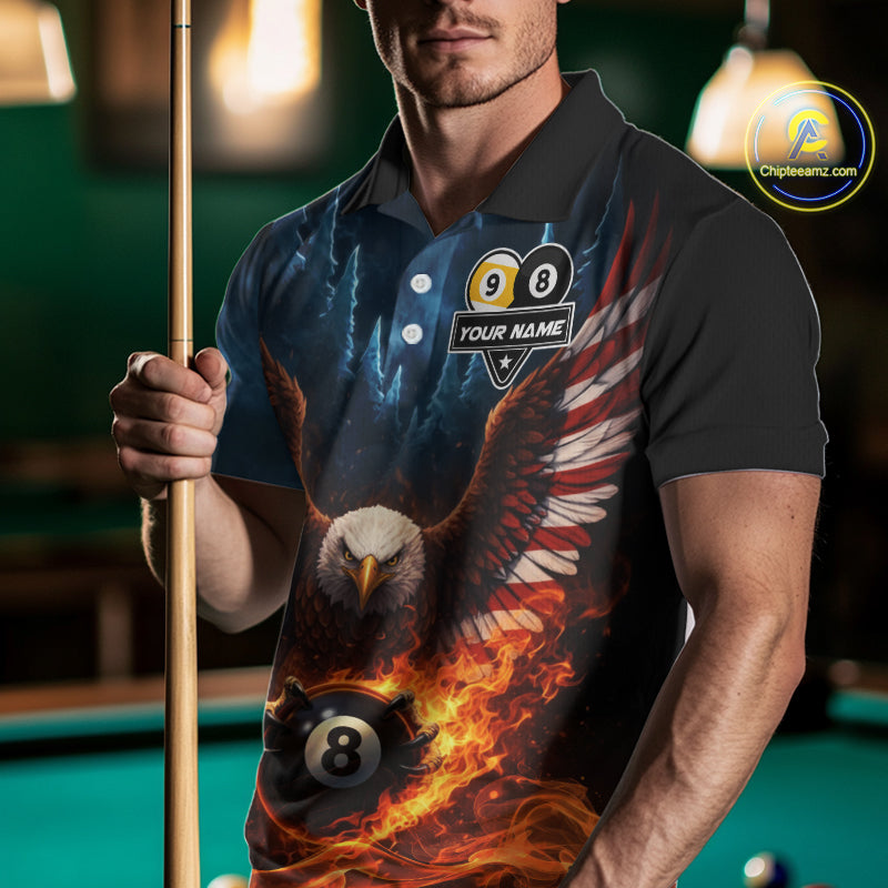 American Flag Eagle 8 Ball & 9 Ball Flame Billiard Shirt For Men Custom Patriotic Billiard Jersey TDM5755