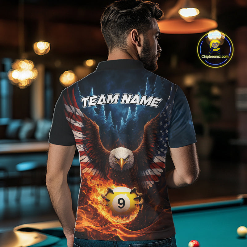 American Flag Eagle 8 Ball & 9 Ball Flame Billiard Shirt For Men Custom Patriotic Billiard Jersey TDM5755