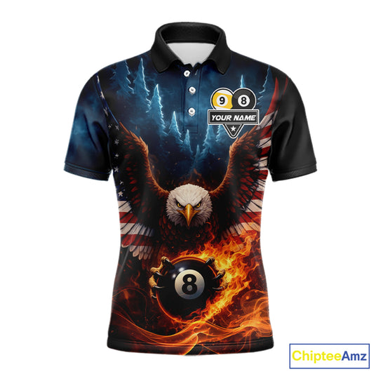 American Flag Eagle 8 Ball & 9 Ball Flame Billiard Shirt For Men Custom Patriotic Billiard Jersey TDM5755